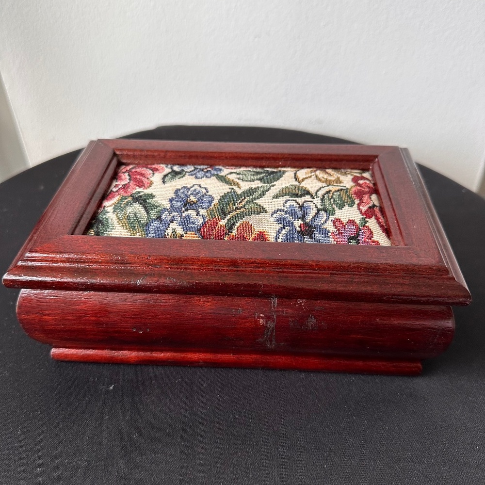 Vintage Wooden Jewelry Box with Floral Tapestry Lid Rectangular Trinket Storage